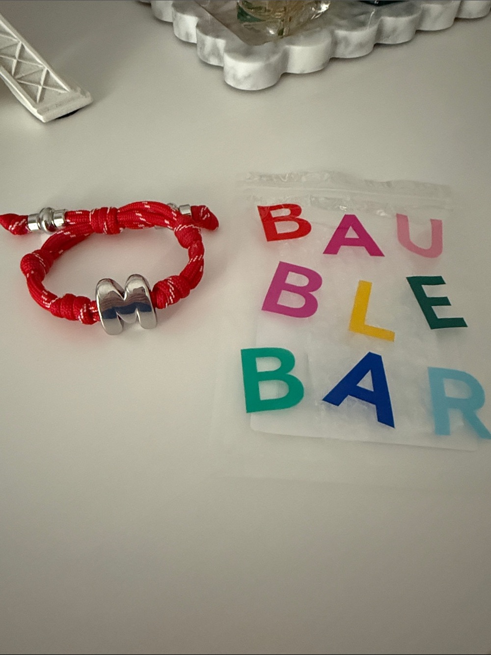 Baublebar Knotty Initial Custom Bracelet - Cherry Red - Silver M Initial NWT